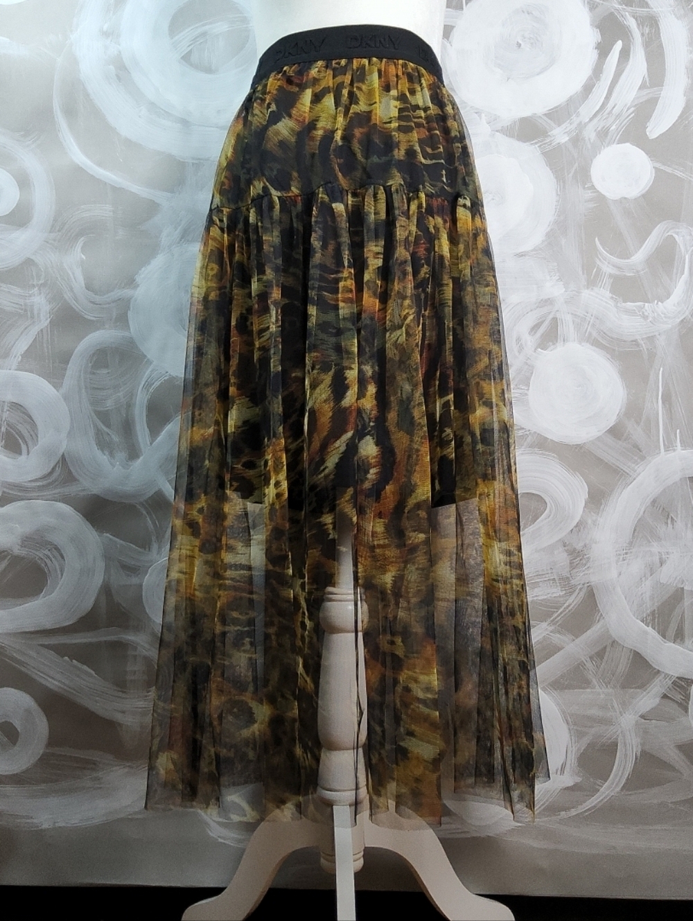 DKNY Womens L Leopard Print Tulle Mesh Midi Skirt AnimalCore WhimsiGoth BohoChic